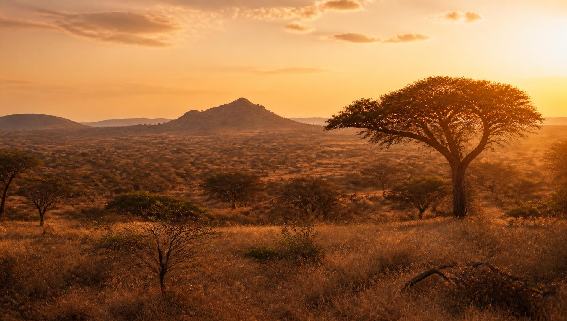 Acacia trees and dust at sunset in the Kruger bushveld